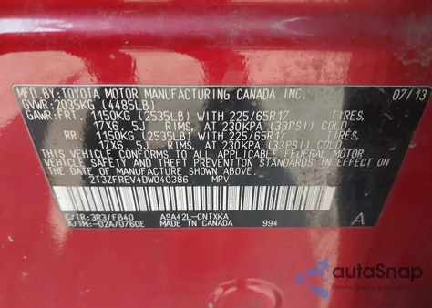2013 Toyota Rav4 Le from USA, damaged, VIN 2T3ZFREV4DW040386